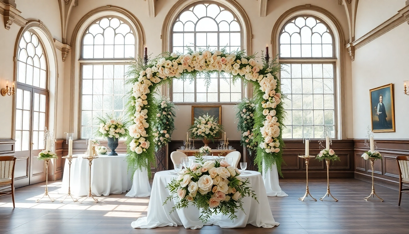 Beautiful wedding setup at a Jacksonville Wedding Venue with floral arch and elegant decor.