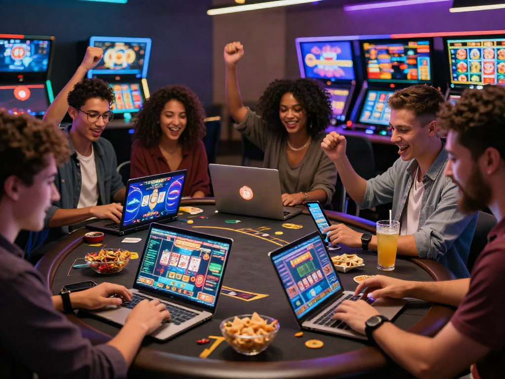 Friends enjoying judi casino online experience with laptops and snacks in a vibrant atmosphere.