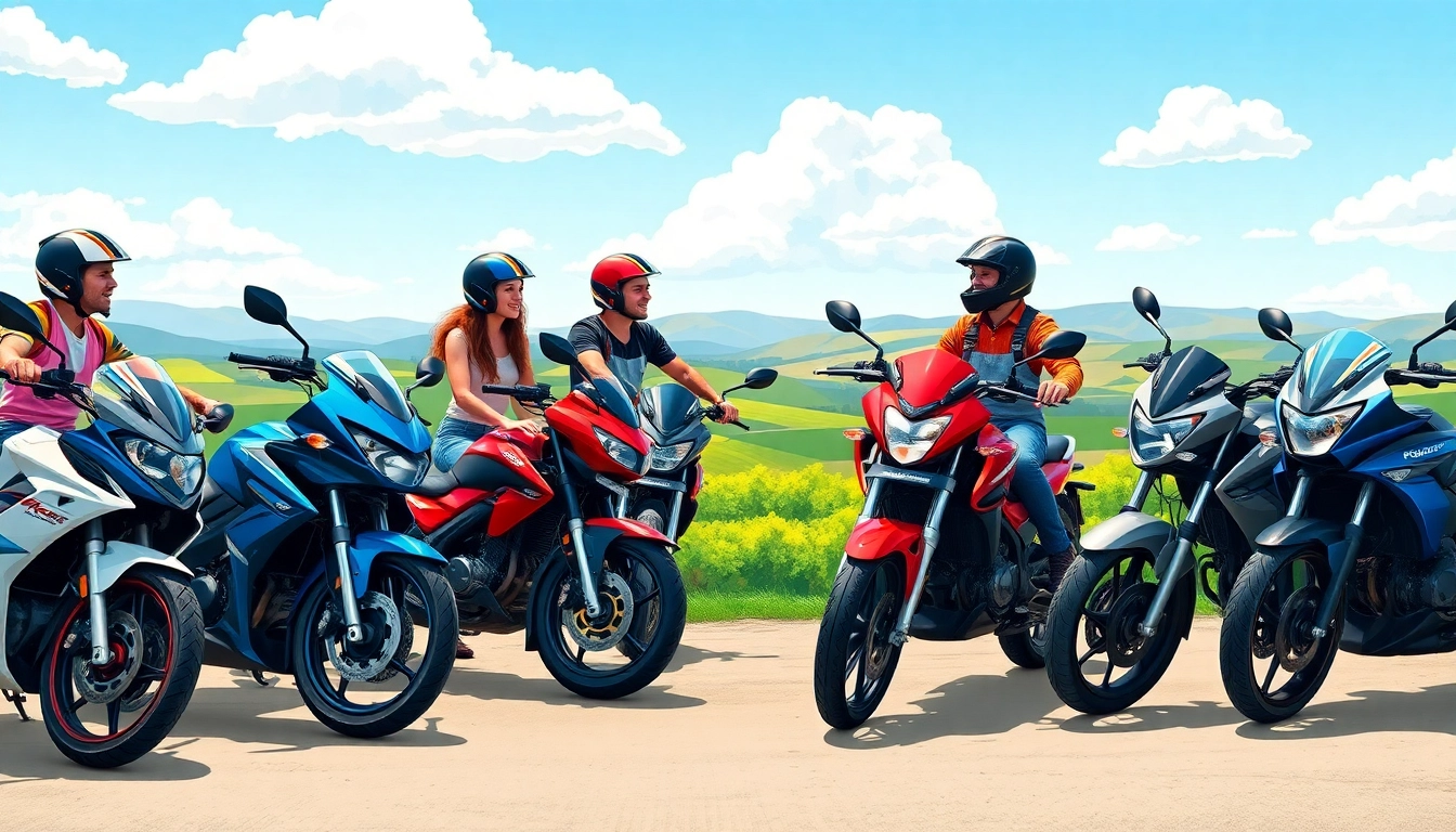 Excited beginner riders with 125cc and 250cc beginner motorcycles in an outdoor setting.