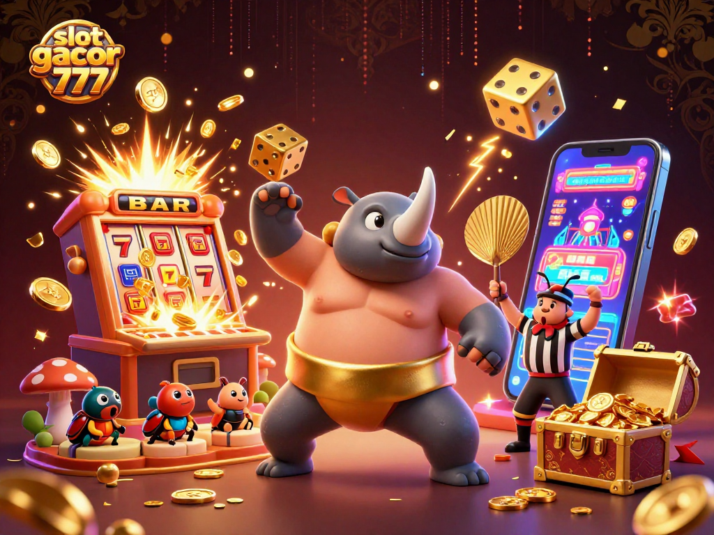 Experience the excitement of slot gacor 777 with a dynamic illustration featuring a rhinoceros beetle champion amidst a dazzling jackpot.