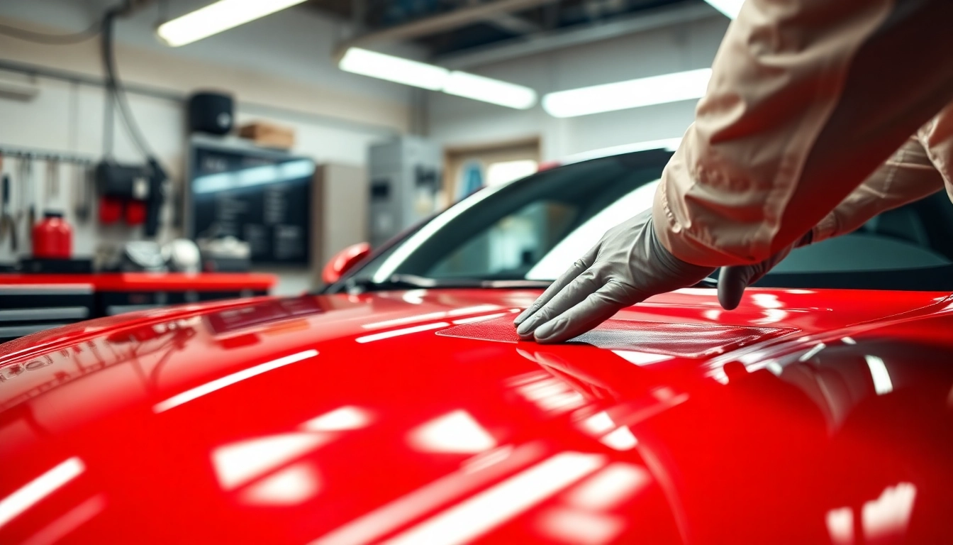 Applying paint protection film on a car in Fort Worth TX garage setting.