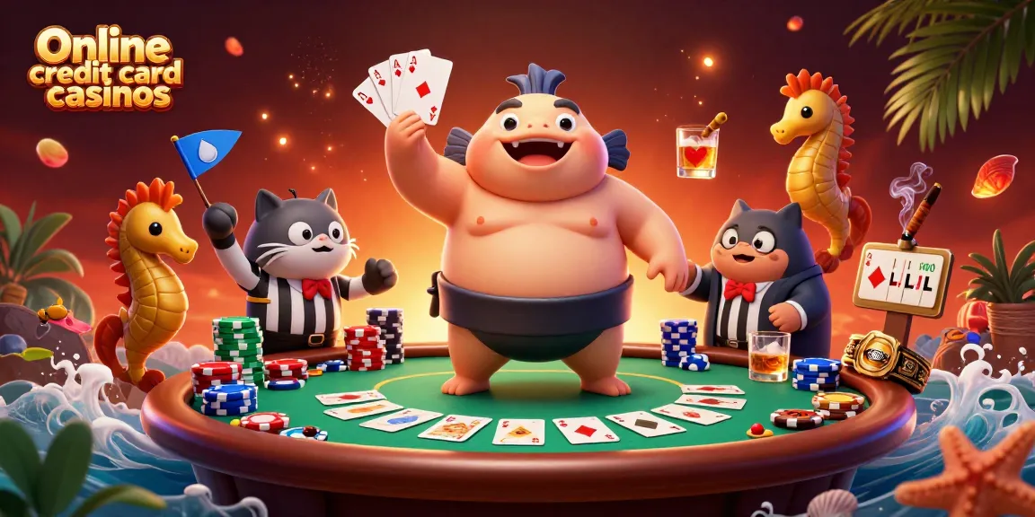 Engage with online credit card casinos featuring a blowfish in a sumo belt with poker chips and cards.