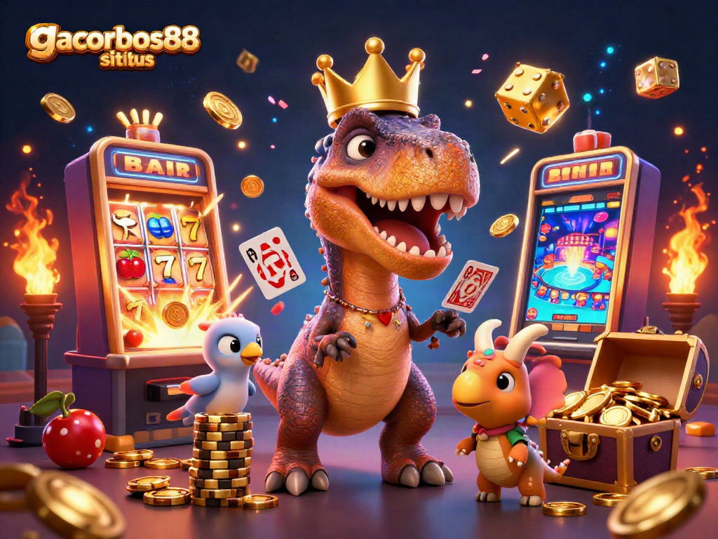 Play exciting games at gacorbos88 situs with a fun T-Rex and vibrant casino elements.