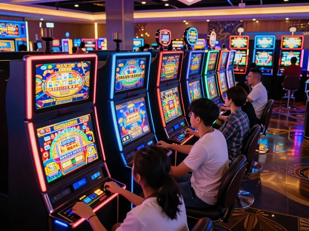 Players engaging with slot gacor machines in a vibrant casino atmosphere, colorful displays and excitement.
