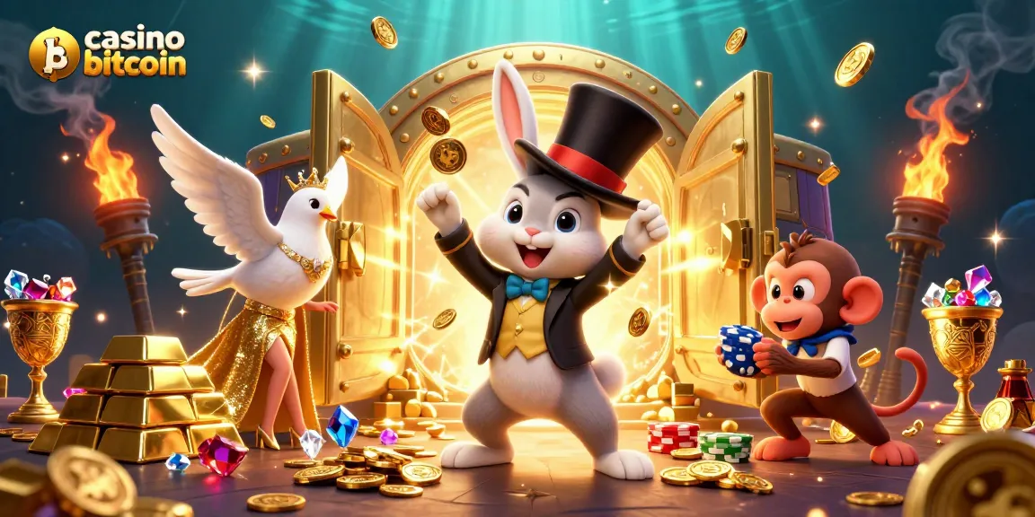 Gioca ai giochi del casino bitcoin con monete dorate e una vivace scena con un coniglio mago.
