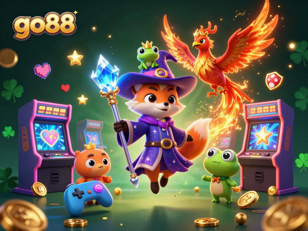 Engage with go88 in a vibrant 3D scene featuring a wizard fox, phoenix, and enchanted frog amid colorful gaming elements.