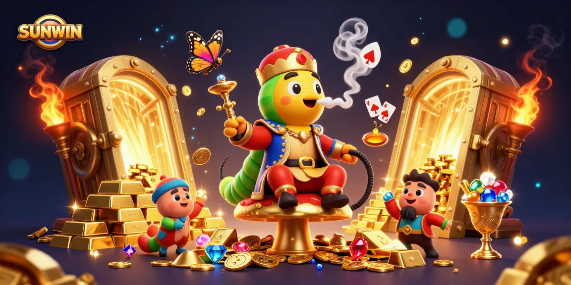 SUNWIN offers a vibrant gaming experience with animated characters playing poker and surrounded by treasure.