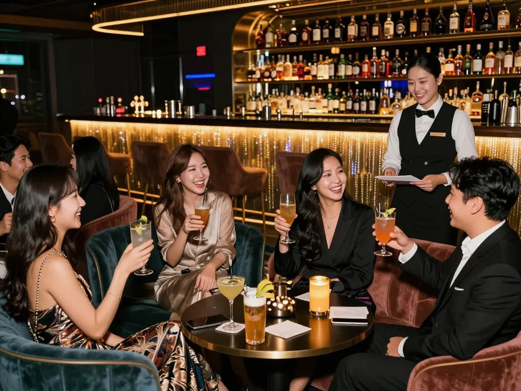 Guests enjoying upscale entertainment at Gangnam쩜오, showcasing luxury atmosphere and exceptional service.