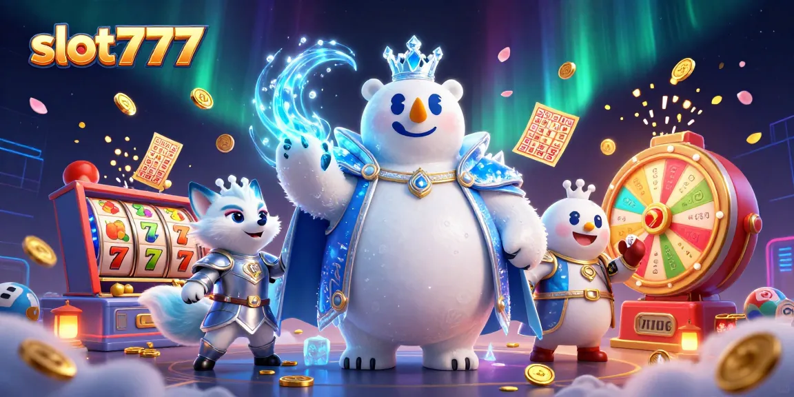Slot777 menang besar dengan beragam simbol slot dan keberuntungan dalam ilustrasi 3D menarik.