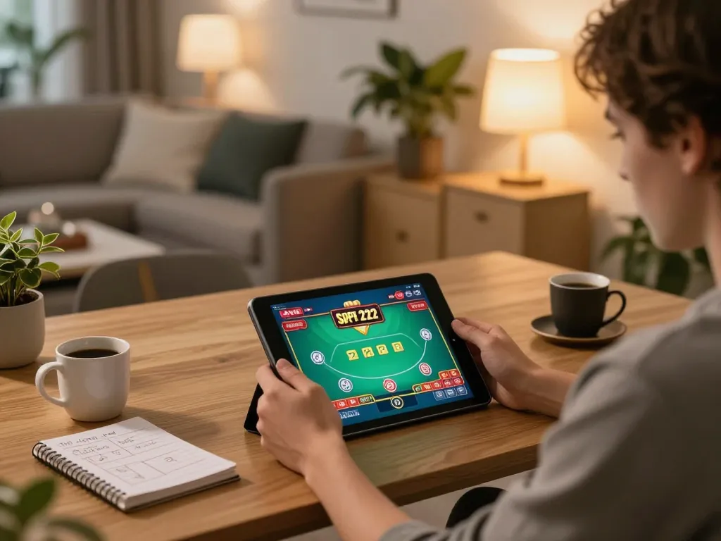 Engaging in Super 222 online gaming with a cozy setup and strategic notes, reflecting responsible gambling.