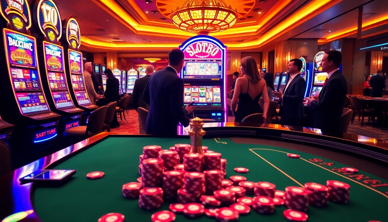 Players enjoying the excitement of slot88 at a glamorous casino with vibrant slot machines.