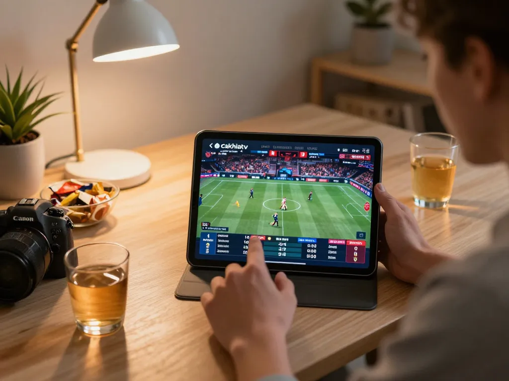 Cakhiatv user engaging in live sports betting experience on a tablet, showcasing convenience and excitement.