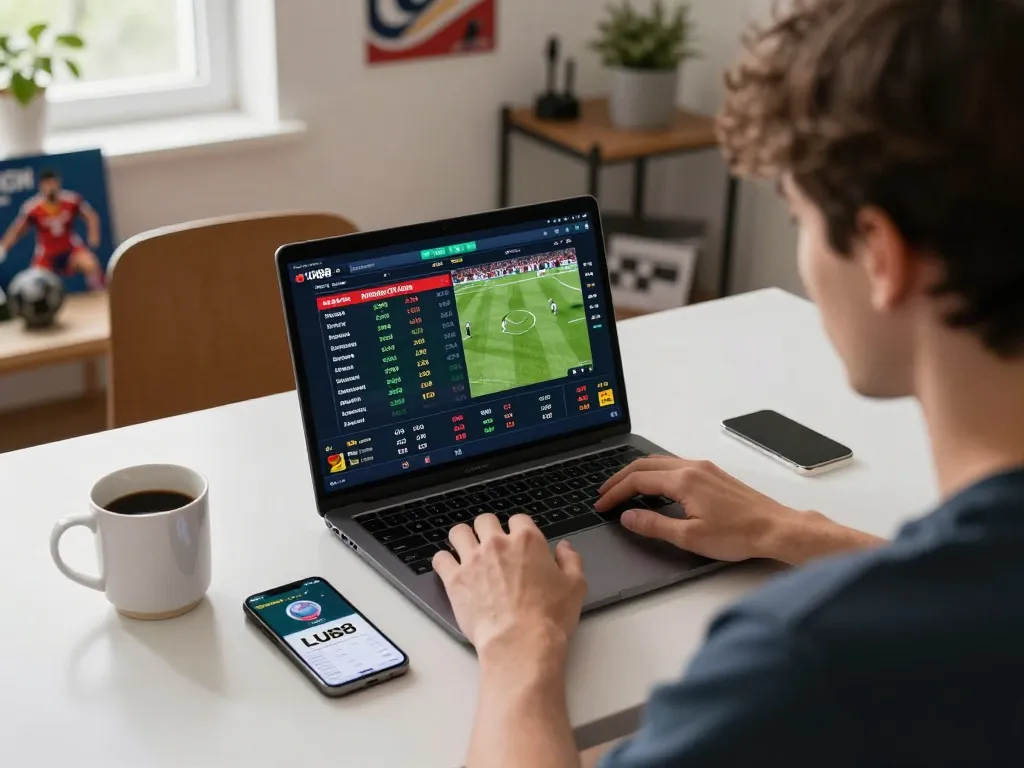 Experience LU88 online sports betting with an interactive laptop setup in a cozy home environment.