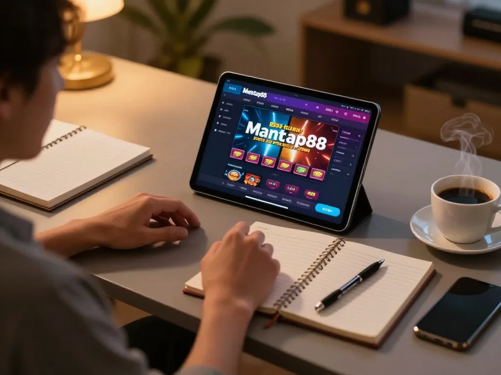 Mantap88 - Best Link Free Credit Casino interface displayed on a tablet in a cozy home gaming setup.