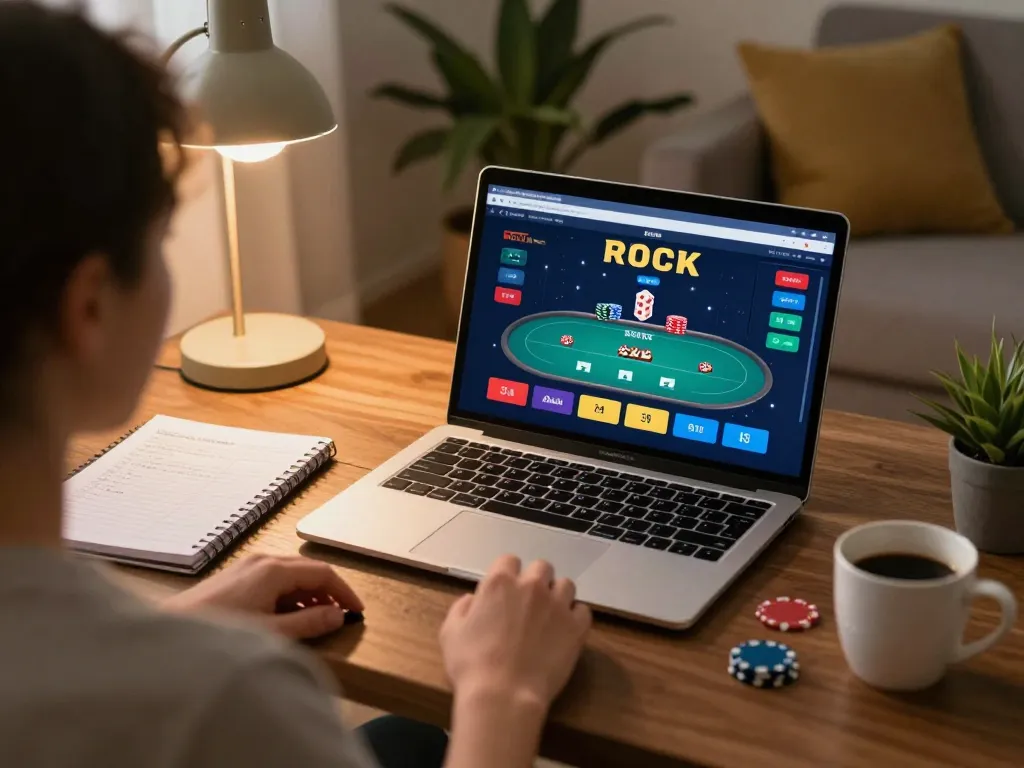 Playing Khuyến Mãi Rikvip online poker on a laptop in a cozy living room, showcasing strategic gameplay.