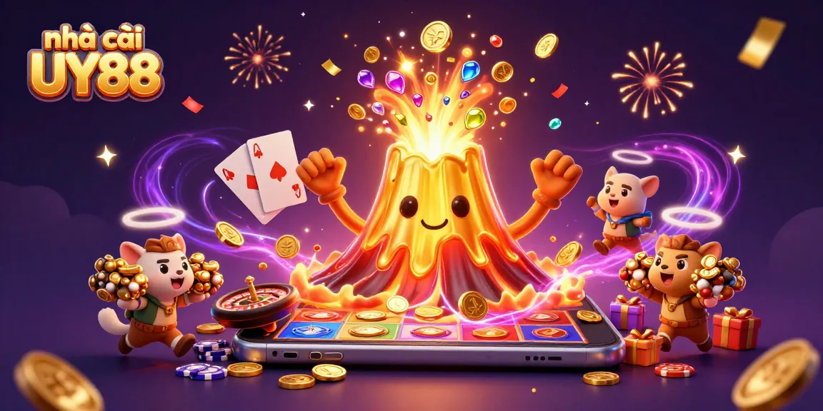 Unleash wins at nhà cái UY88 with the golden volcano erupting treasures and vibrant gaming elements.