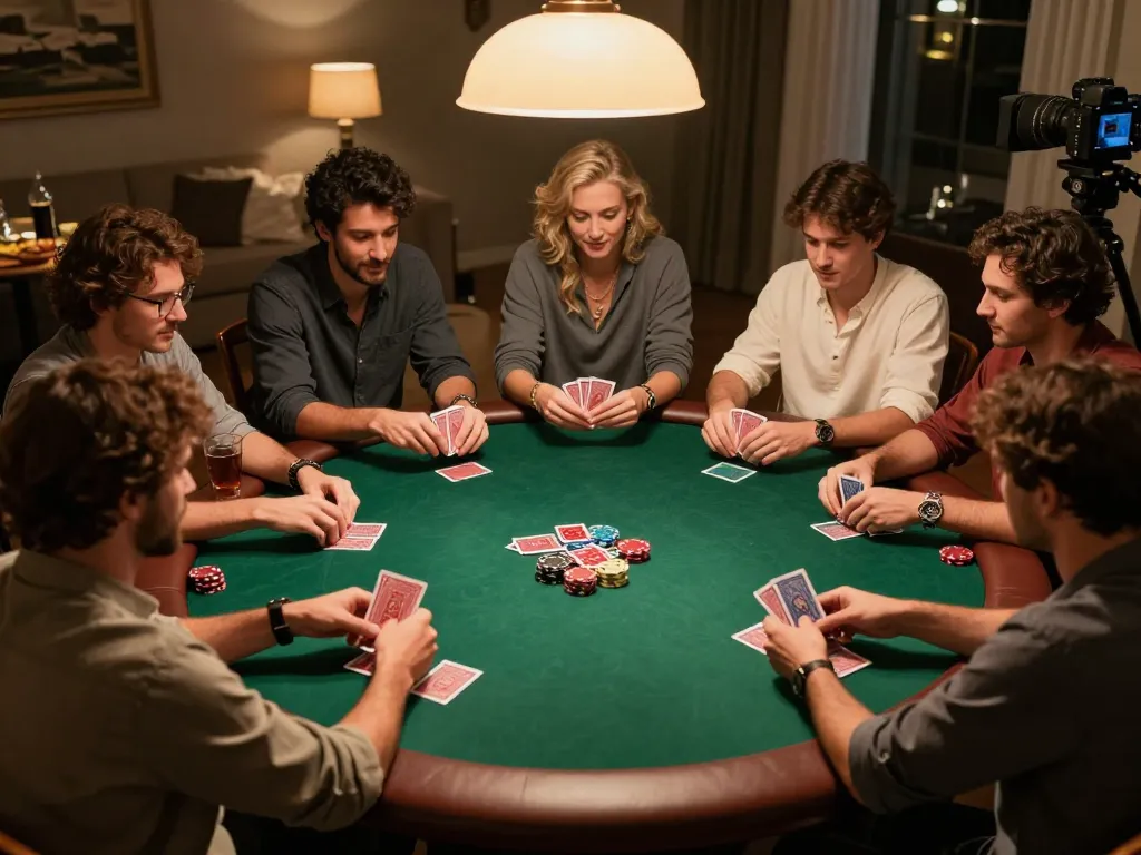 Players strategizing during a poker game at home, showcasing tr88 intensity and social interaction.
