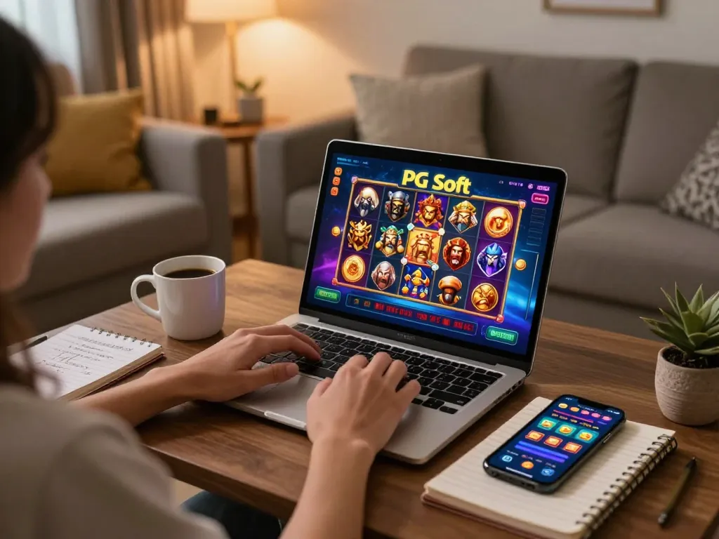 Player engaging in a demo of PG Soft slot game at home, showcasing gaming strategies and a cozy atmosphere.