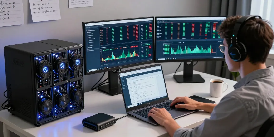 Dynamic view of a crypto mining platform setup featuring advanced mining rigs, digital wallet management, and cryptocurrency trading charts in a modern workspace.