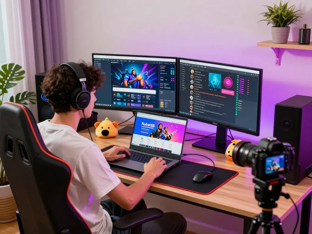 TIN TỨC hubet88 gaming news blog scene with content creator live streaming updates.