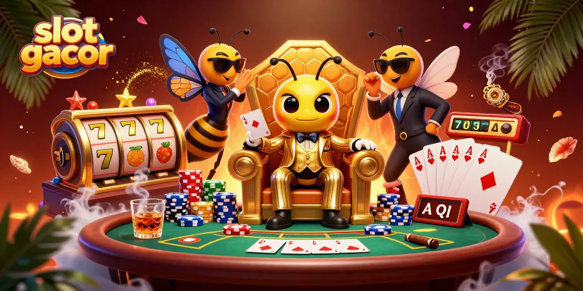 Slot gacor dengan karakter kartun unik dalam suasana kasino yang meriah dan elemen permainan yang menonjol.