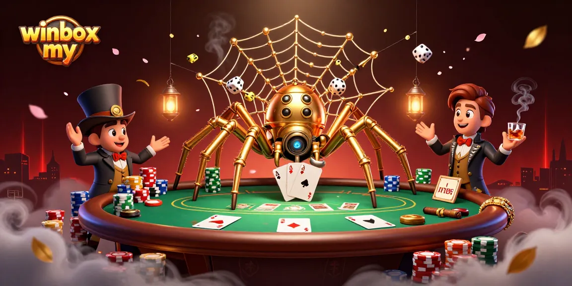 winbox my casino illustration featuring a golden spider catching dice and poker chips.