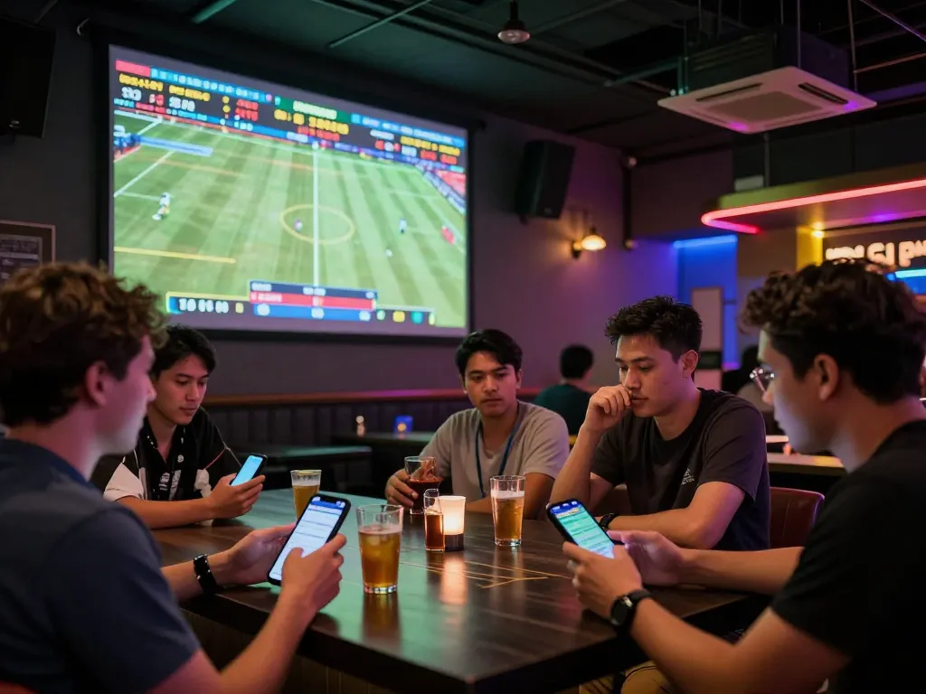 Excited sports bettors engaging with kèo nhà cái at a vibrant sports bar during live games.