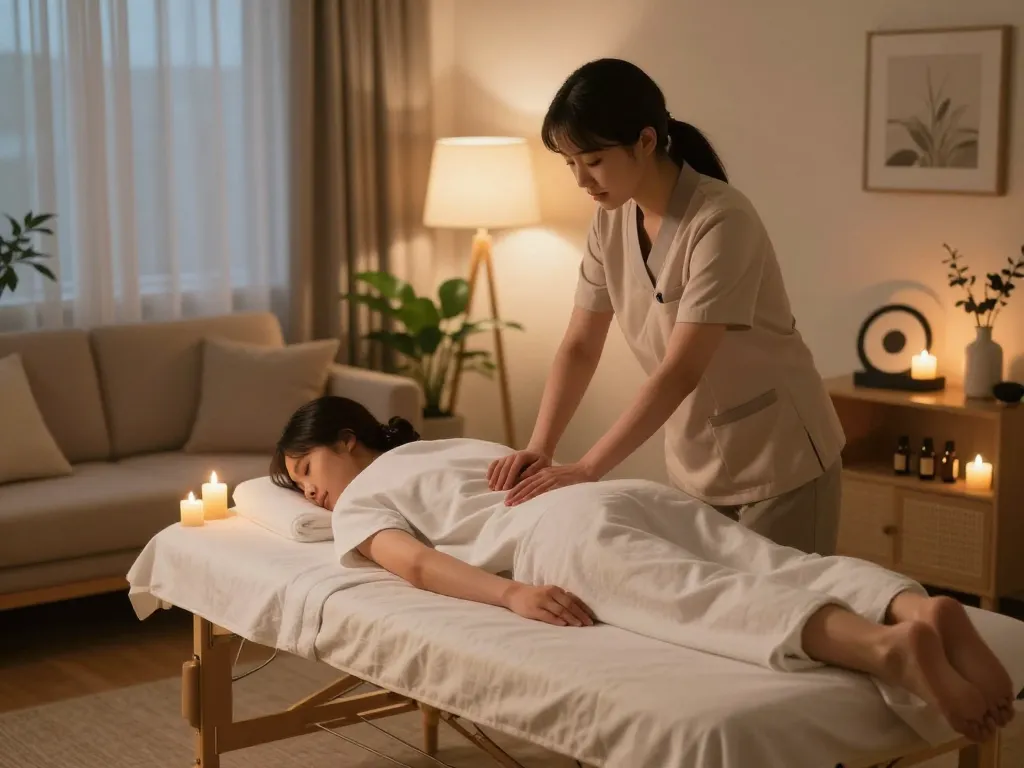Serene home setting with a professional providing 부천 출장마사지, cozy atmosphere with soothing elements.