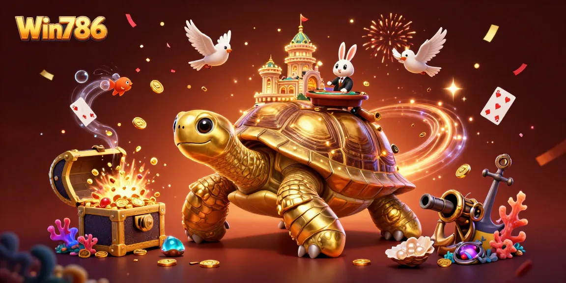 Win786 brings excitement with a lively scene of a tortoise casino and a rabbit dealer amidst flying coins.