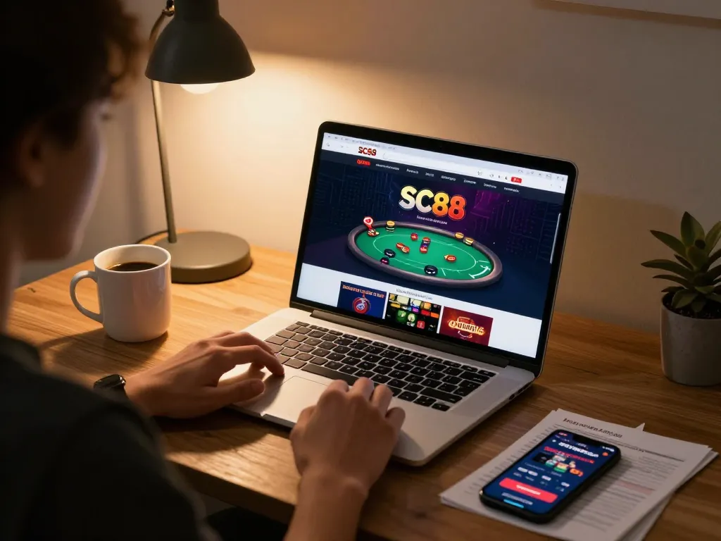 Engaging in online gaming at SC88 with laptop and strategy notes to maximize bankroll.