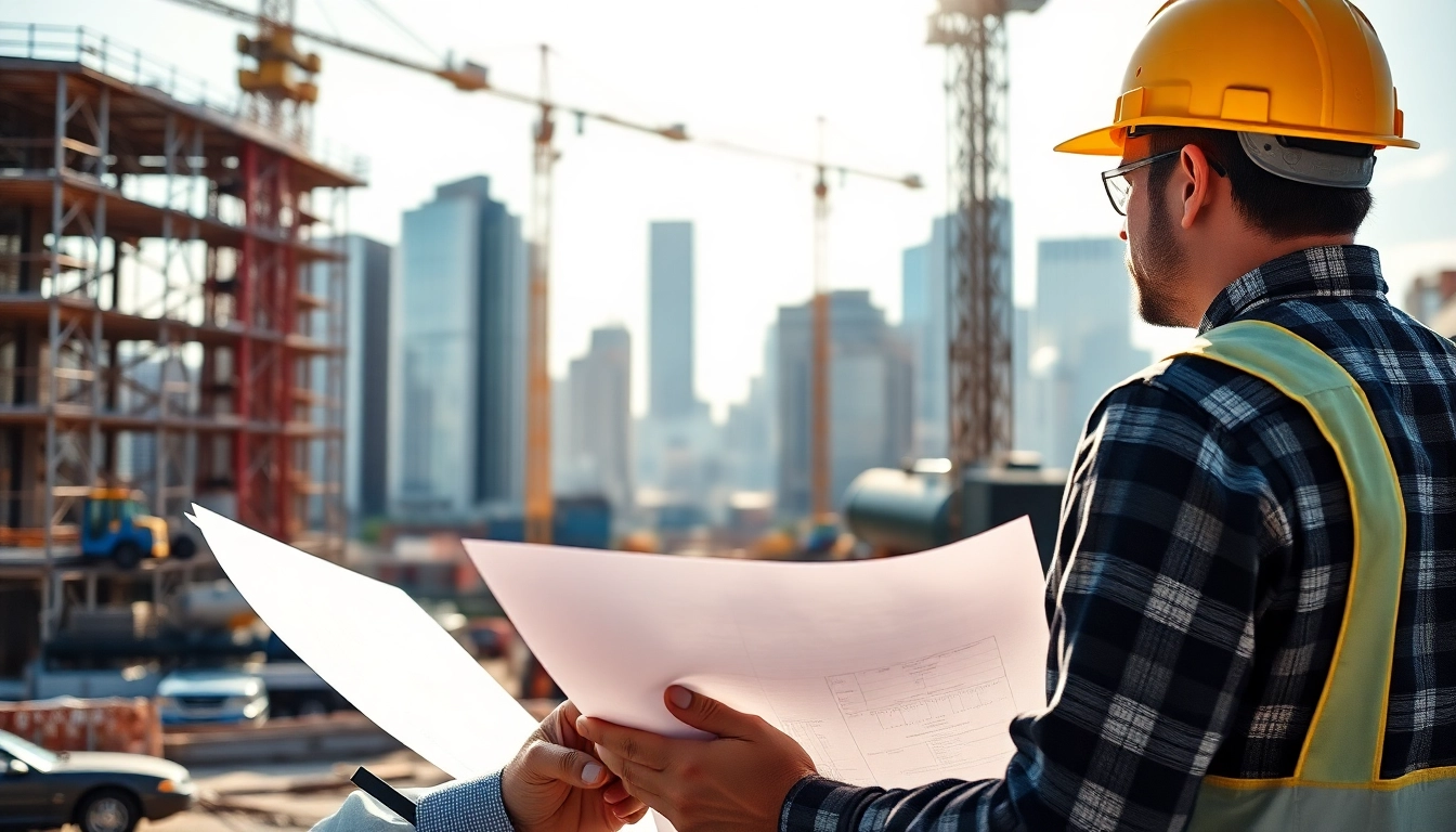 New Jersey Construction Manager directing a construction site with cranes and blueprints.