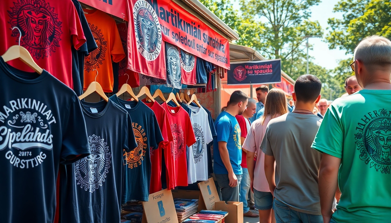 Marškiniai su spauda rodomi lauko turguje, demonstruojantys ryškius individualiai spausdintus marškinėlius