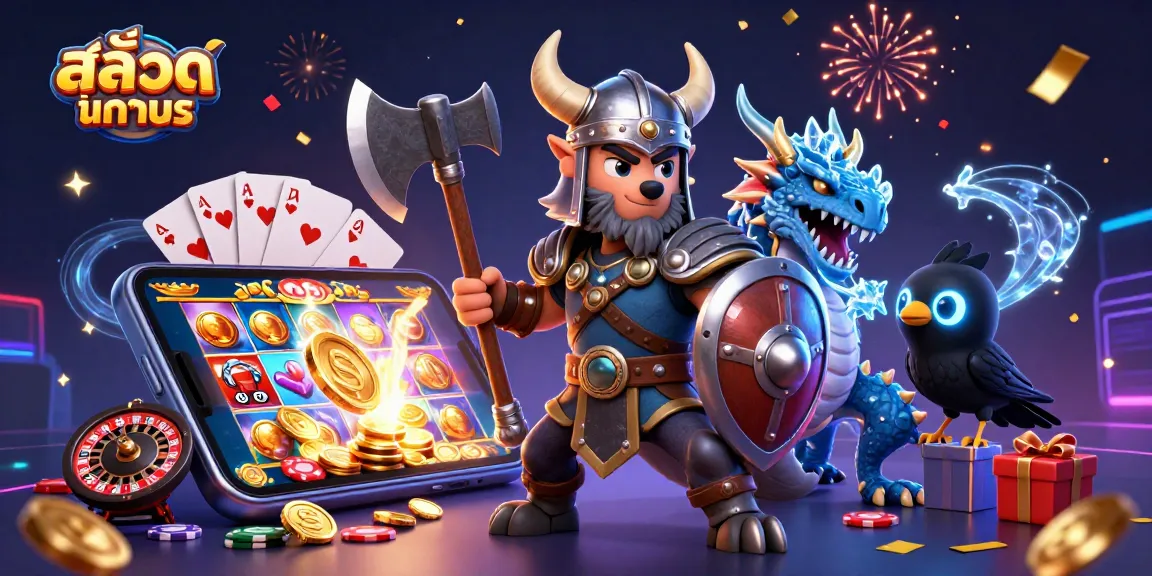 Experience the exciting world of สล็อตทดลอง with a dynamic scene featuring a Viking wolf warrior and dragon.