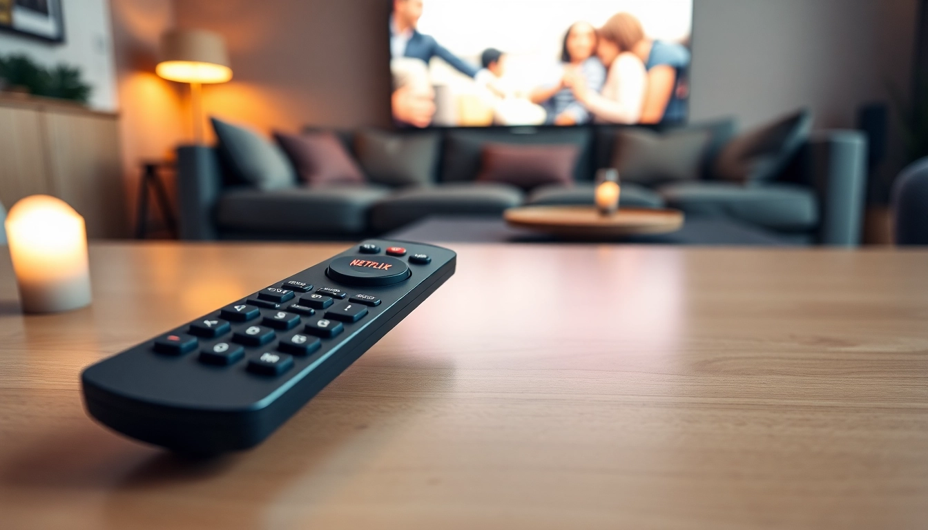 Fernbedienung mit Netflix Taste auf einem modernen Tisch im Wohnzimmer.