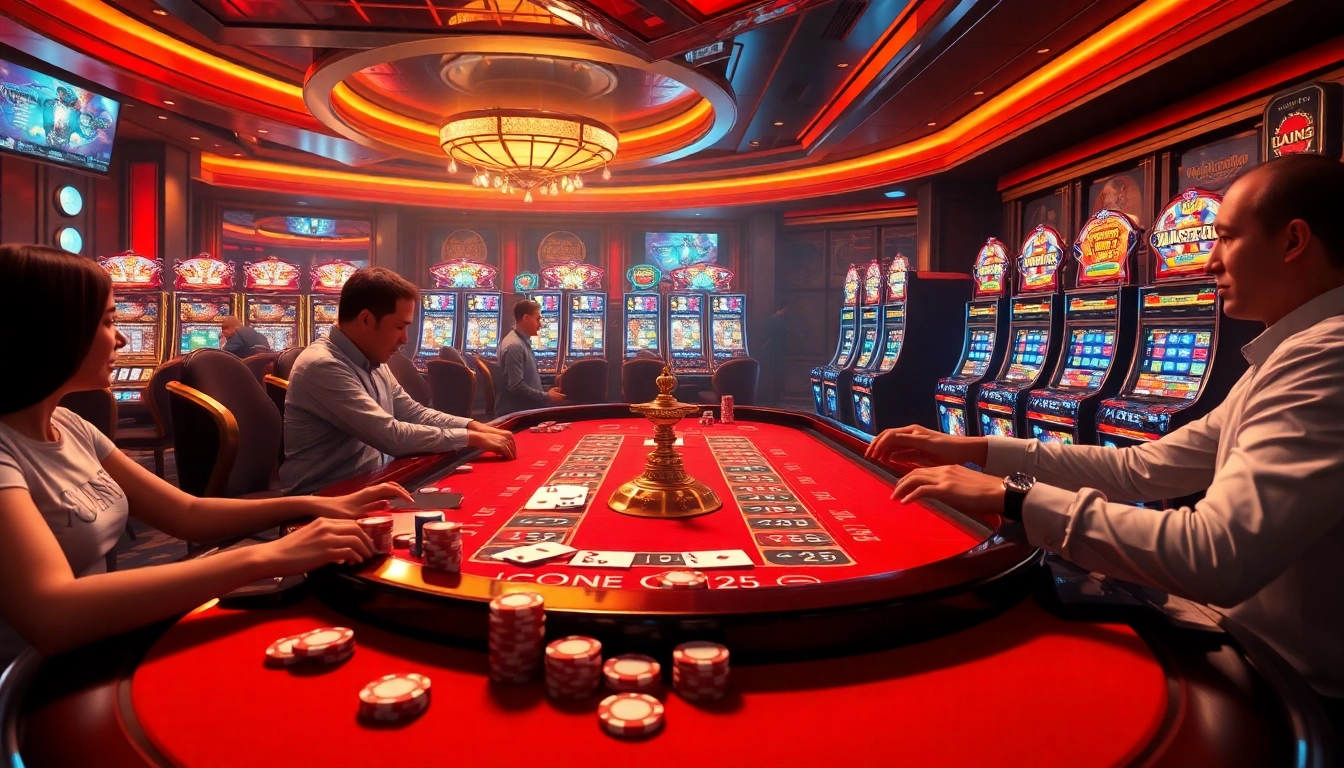 Exciting scene at King88 vina casino with players betting at tables, showcasing vibrant gaming activity.