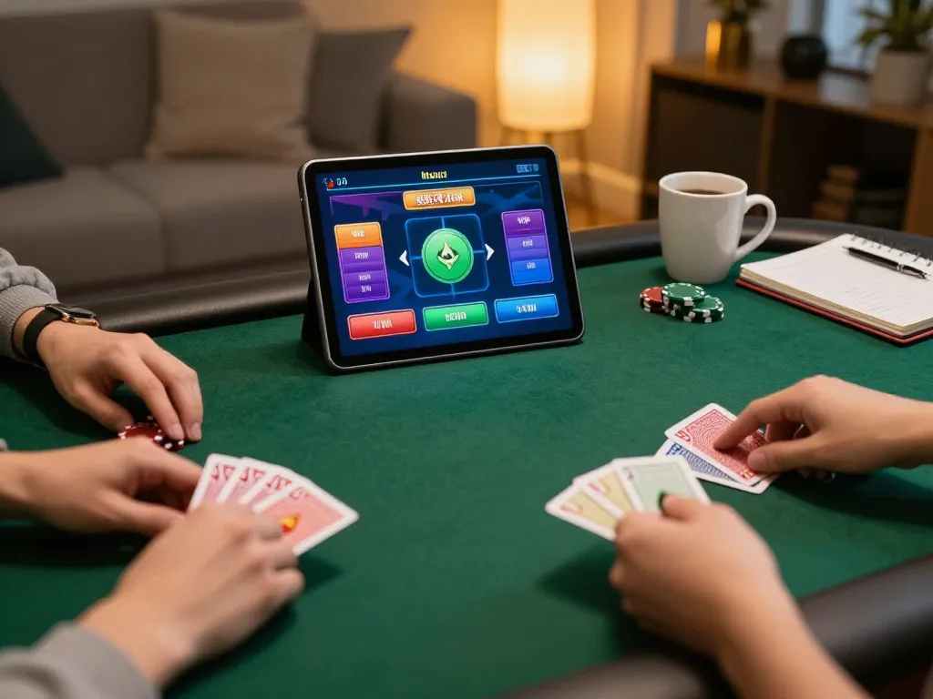 Online poker gameplay highlighting nhà cái mm88, strategic betting, and engaging interface in a cozy home setting.
