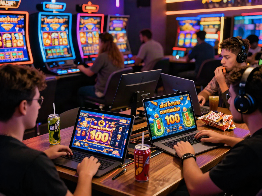 Exciting digital gaming scene highlighting slot bonus new member 100 with players engaged in colorful online slot games, vibrant atmosphere.