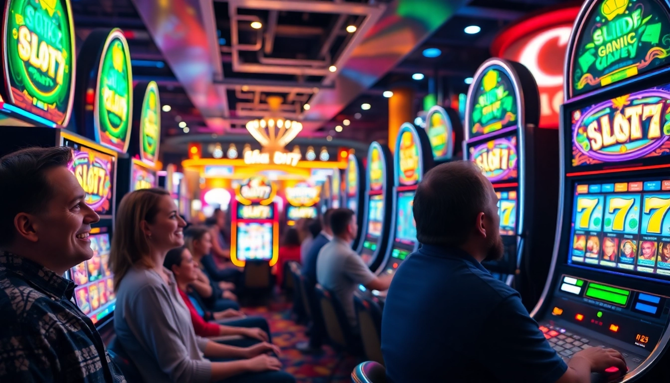 Permainan Slot77 menampilkan mesin slot yang berwarna-warni di lingkungan kasino yang ramai