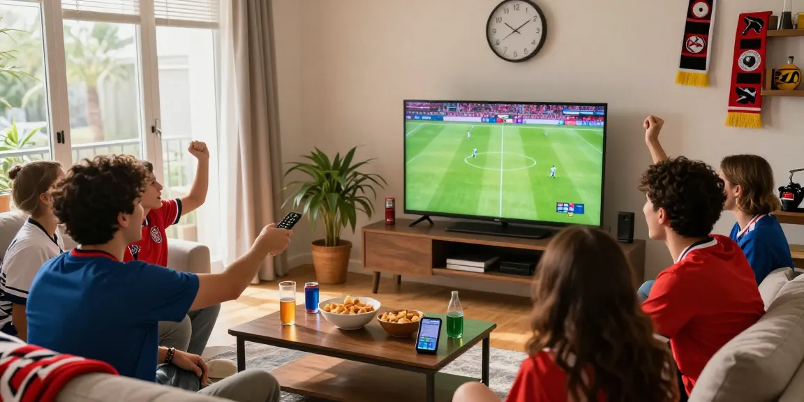 Friends enjoying koora tv live sports broadcast in a lively living room