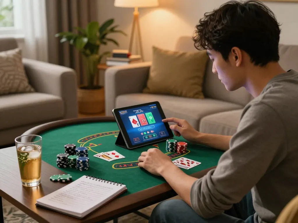 Thabet player strategizing blackjack at home with tablet, showcasing online gaming experience.