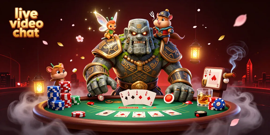 Engage in live video chat with playful fantasy characters amid poker elements and vibrant visuals.