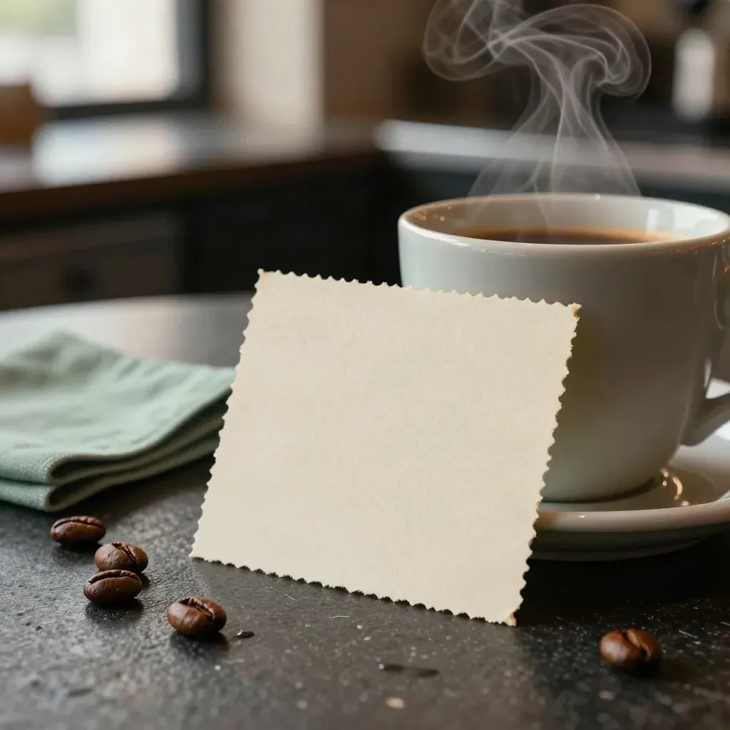 Cream coffee punch card beside a cup, beans, and coaster on dark stone with steam.