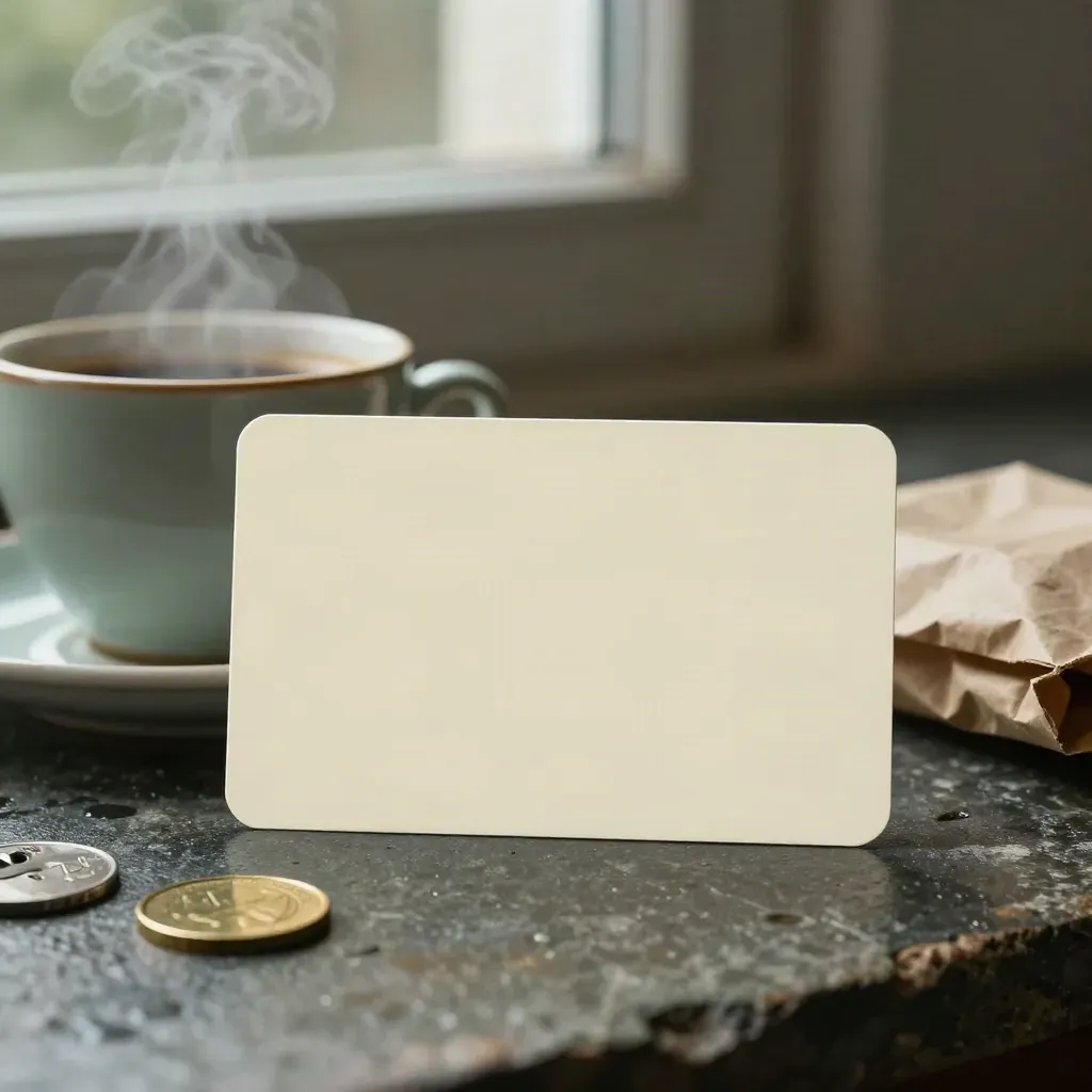 Blank cream local-deals pass with coffee cup, paper bag, brass coin and key card on damp stone.