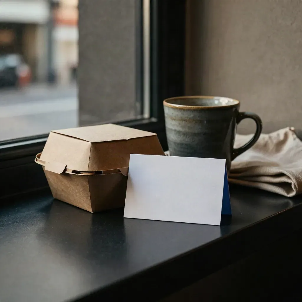 Promo card beside a takeaway box, ceramic cup and folded tote on a dark ledge.