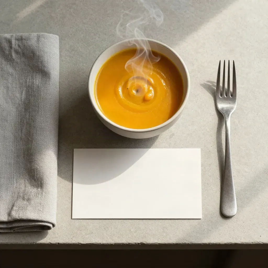 Overhead lunch voucher card with ceramic bowl, linen napkin and silver fork on concrete.