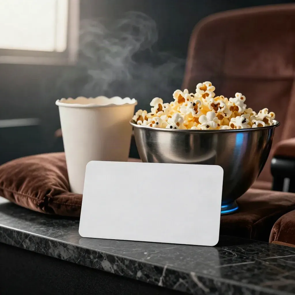 Movie night voucher card with popcorn bowl, snack tub, and velvet cushion in a cinema lounge