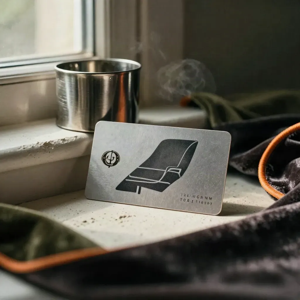 Concert ticket offers card with brushed metal cuff and velvet folds on plaster, lit by soft haze