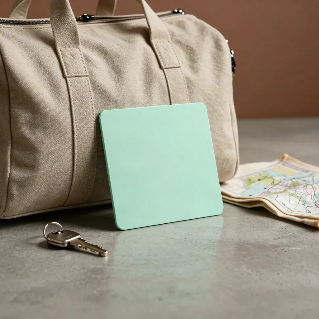 Hotel deal card beside duffel, key fob, and folded map cloth on concrete.