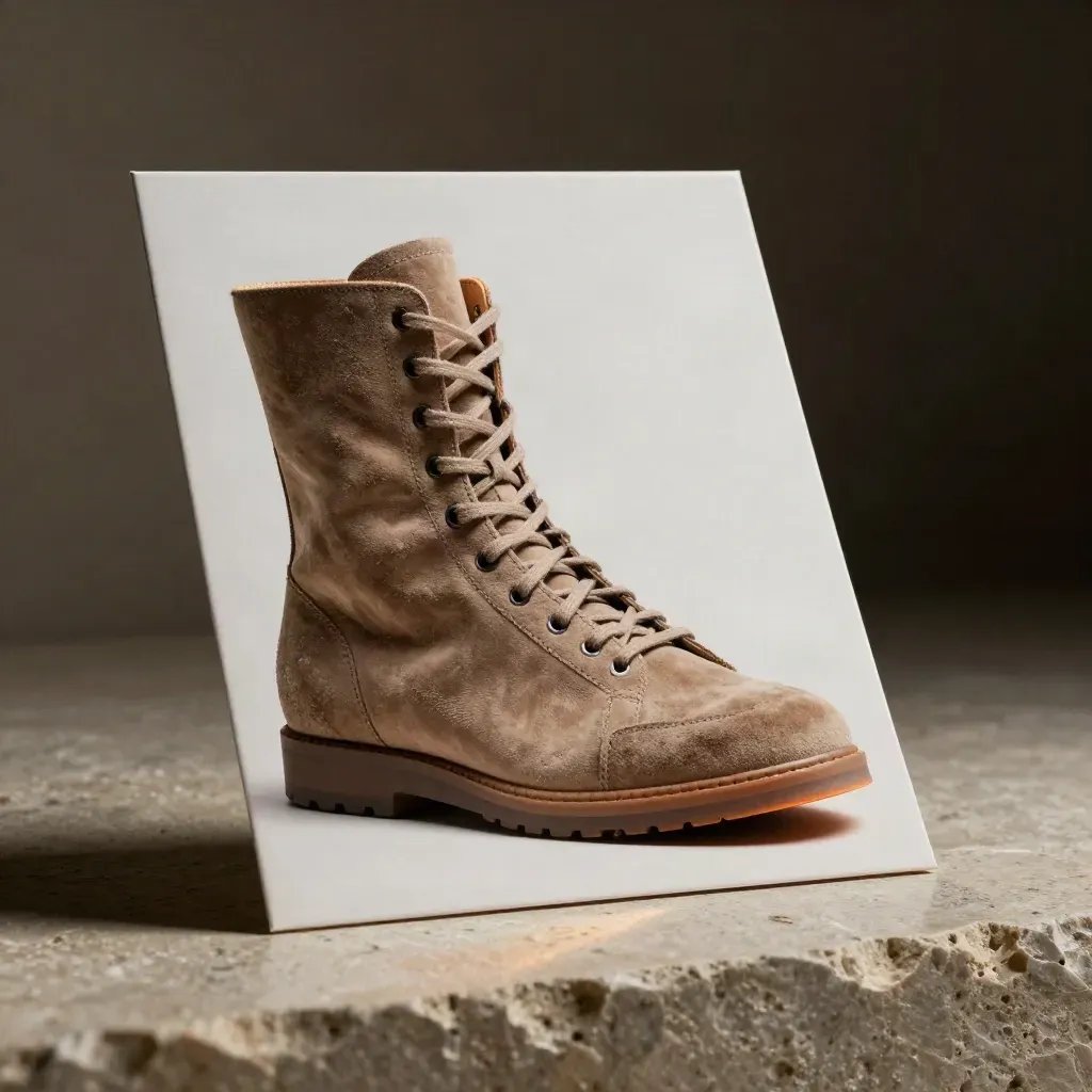 Suede sneaker, boot shaft and promo card on pale stone with dramatic rim light.