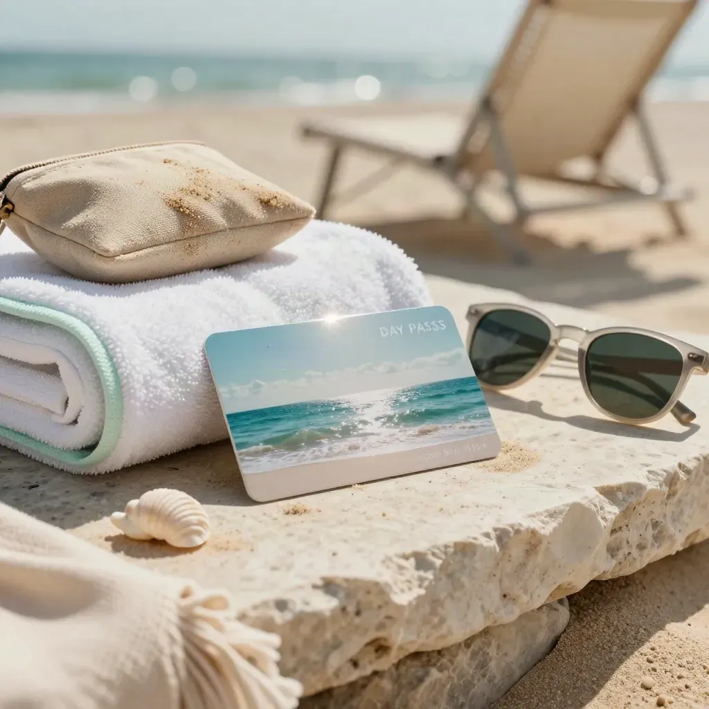 Beach day pass card with towel, shell, sunglasses and pouch on a sunlit seaside ledge